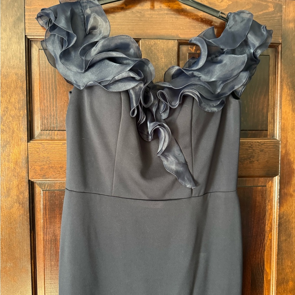 Mon Cheri Navy Blue Strapless Ruffle-Trim Evening Dress